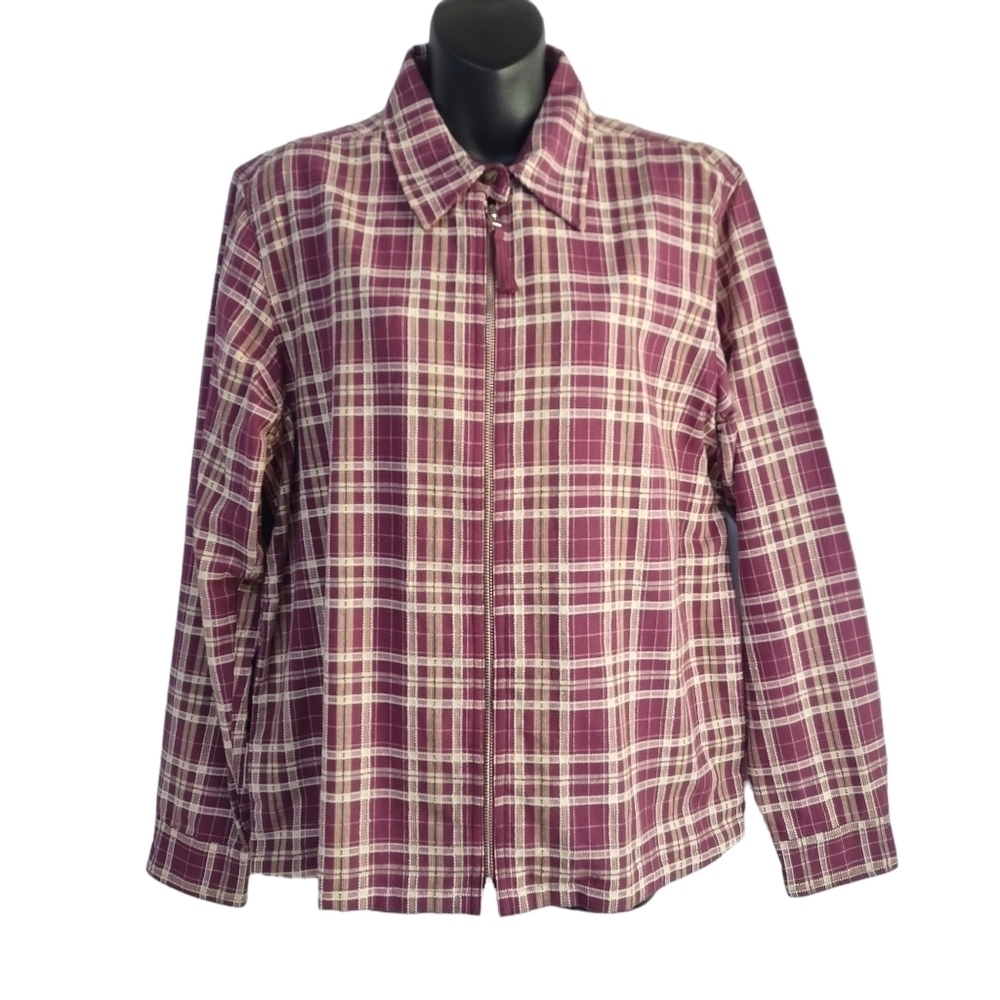 NorthCrest Women's Women's Burgundy Tan Plaid ZIP Up Jacket Size L